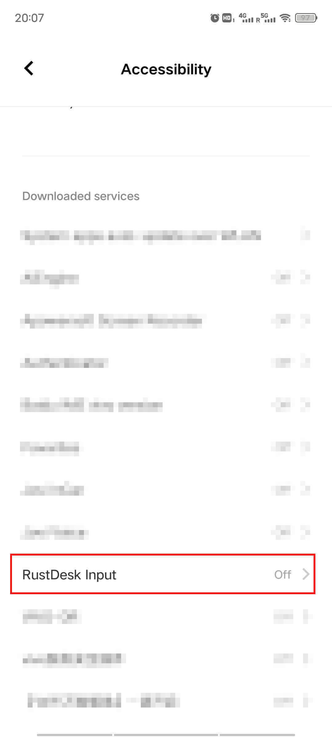 Exemple Android : liste des services dans les paramètres d’accessibilité